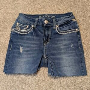 Sexy Couture Embellished Denim Jean Shorts Rhinestone Distressed Cutoff Women